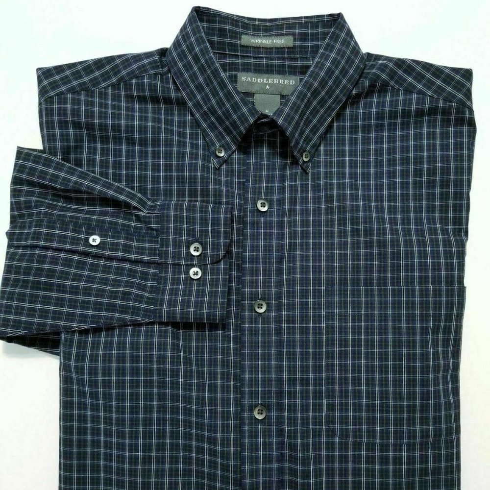 SADDLEBRED Mens Blue Plaid Shirt Size M Wrinkle Free Long Sleeve Button Collar